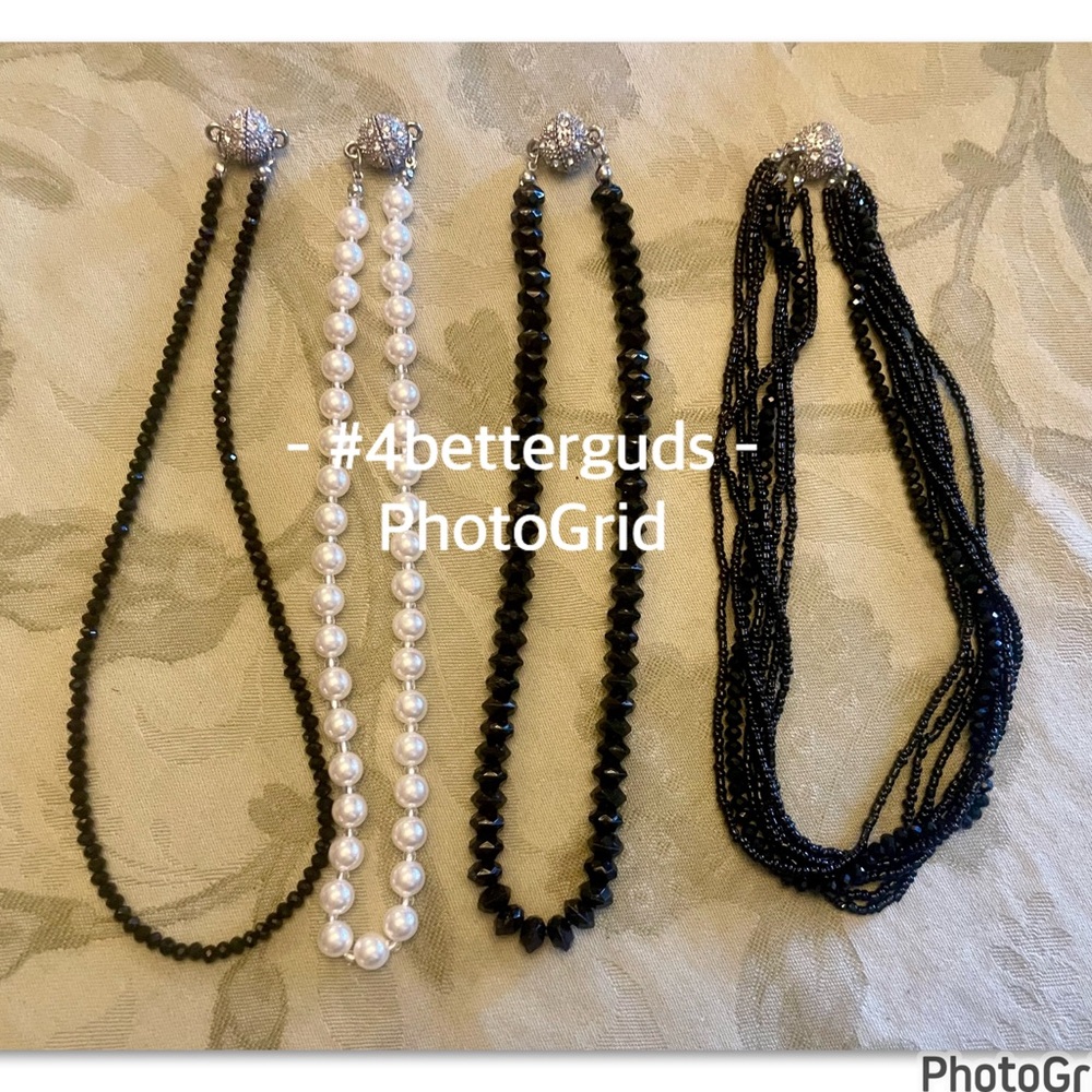 Bundle Set 4 Homemade Black Crystals & Pearl Rhinestone Magnetic Clasp Necklaces - Picture 3 of 15